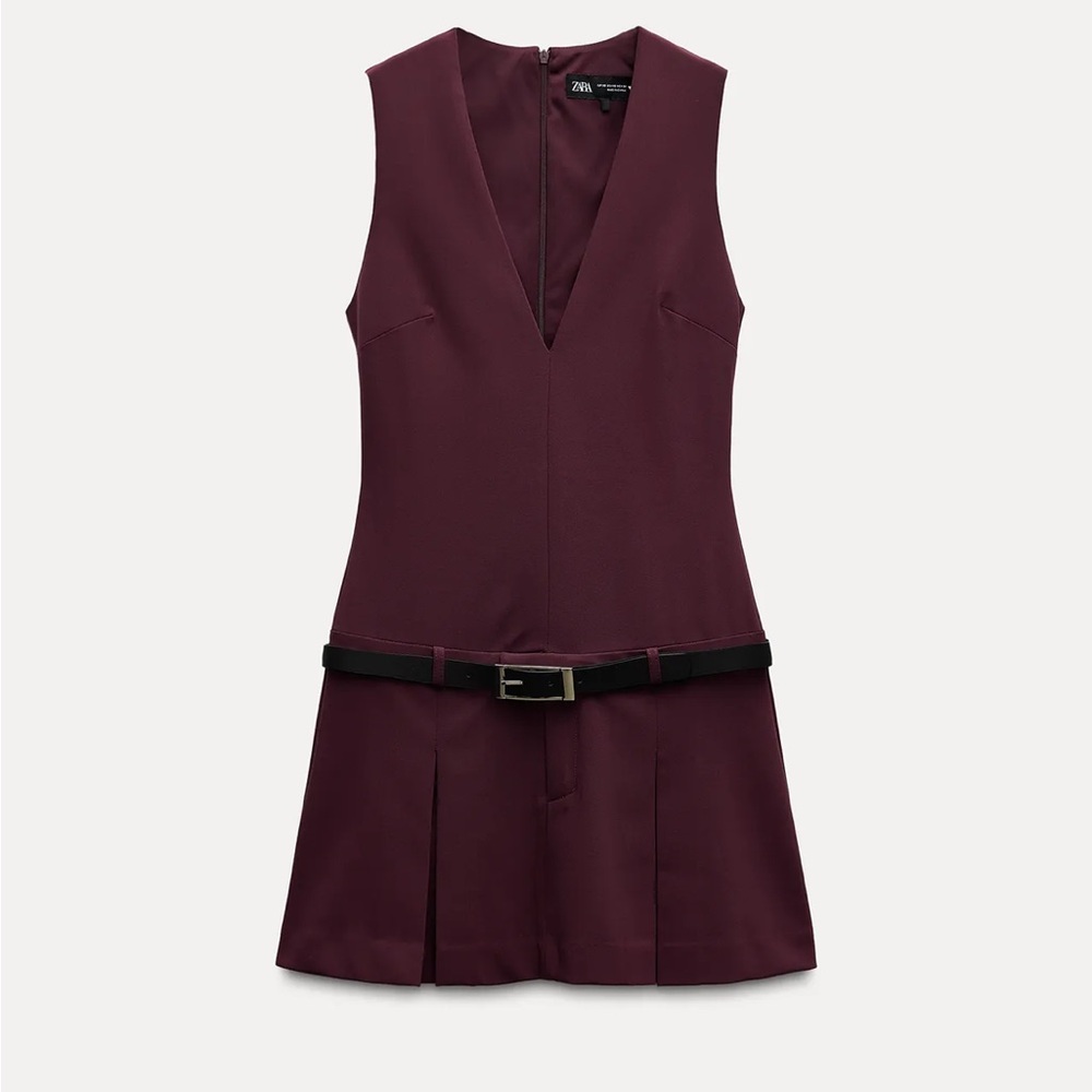 Zara Dark Red V-Neck Dress with Black Belt